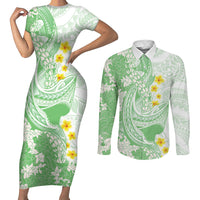 Green Hawaii Shark Tattoo Couples Matching Short Sleeve Bodycon Dress and Long Sleeve Button Shirt Puakenikeni Lei Plumeria Polynesian Pattern LT14 Green - Polynesian Pride