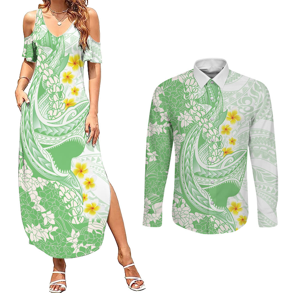 Green Hawaii Shark Tattoo Couples Matching Summer Maxi Dress and Long Sleeve Button Shirt Puakenikeni Lei Plumeria Polynesian Pattern LT14 Green - Polynesian Pride