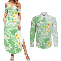 Green Hawaii Shark Tattoo Couples Matching Summer Maxi Dress and Long Sleeve Button Shirt Puakenikeni Lei Plumeria Polynesian Pattern LT14 Green - Polynesian Pride
