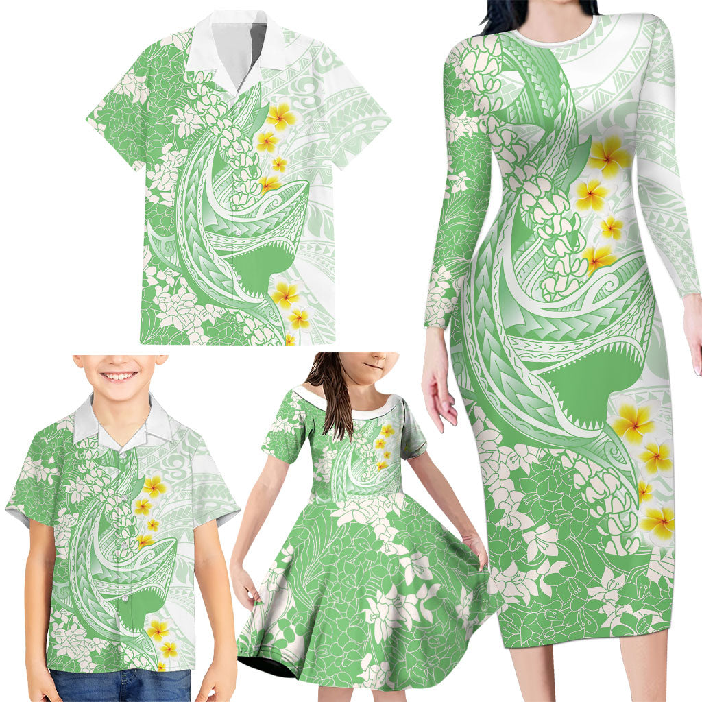 Green Hawaii Shark Tattoo Family Matching Long Sleeve Bodycon Dress and Hawaiian Shirt Puakenikeni Lei Plumeria Polynesian Pattern LT14 - Polynesian Pride