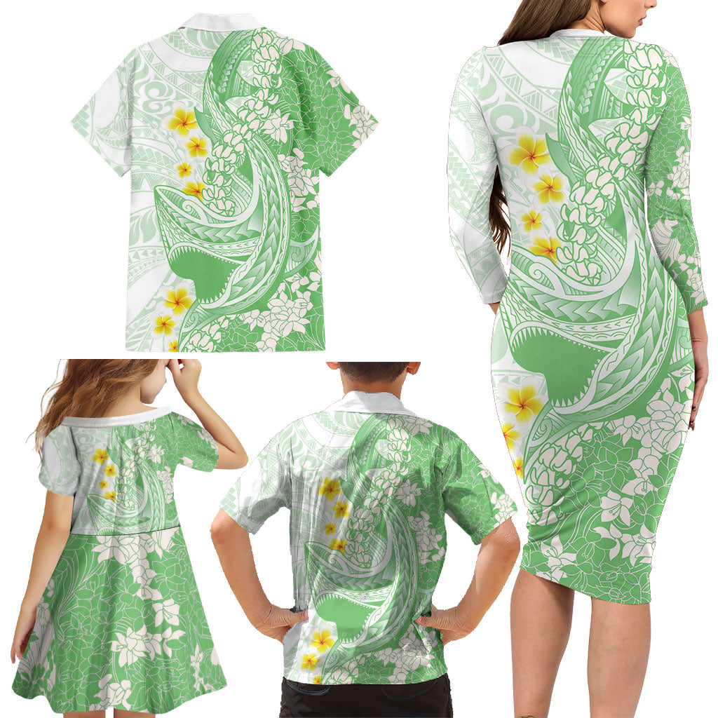 Green Hawaii Shark Tattoo Family Matching Long Sleeve Bodycon Dress and Hawaiian Shirt Puakenikeni Lei Plumeria Polynesian Pattern LT14 - Polynesian Pride