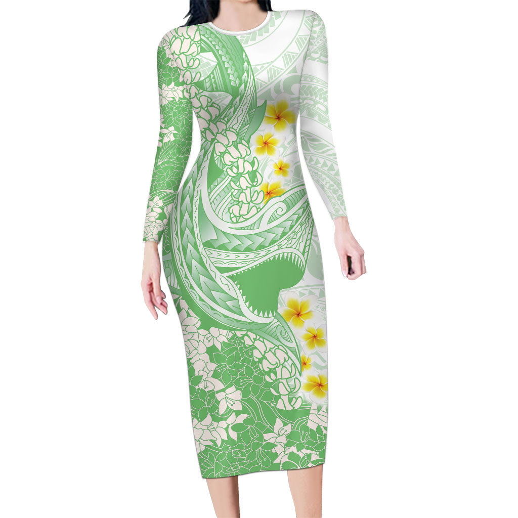 Green Hawaii Shark Tattoo Family Matching Long Sleeve Bodycon Dress and Hawaiian Shirt Puakenikeni Lei Plumeria Polynesian Pattern LT14 Mom's Dress Green - Polynesian Pride