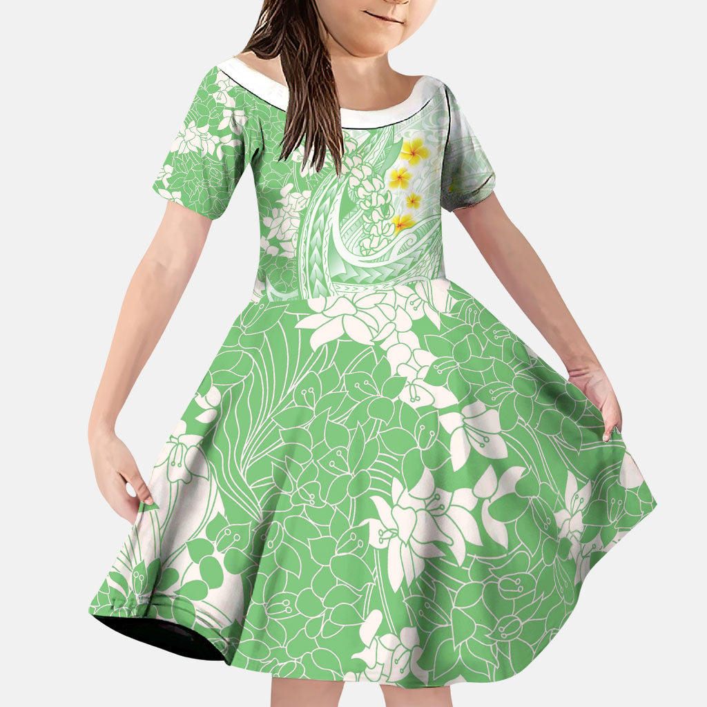 Green Hawaii Shark Tattoo Family Matching Off The Shoulder Long Sleeve Dress and Hawaiian Shirt Puakenikeni Lei Plumeria Polynesian Pattern LT14 Daughter's Dress Green - Polynesian Pride