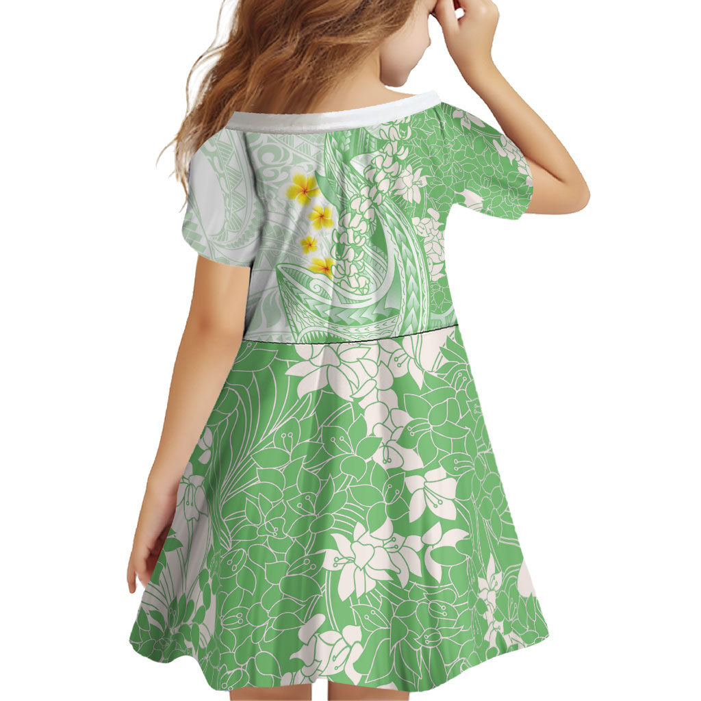 Green Hawaii Shark Tattoo Family Matching Off The Shoulder Long Sleeve Dress and Hawaiian Shirt Puakenikeni Lei Plumeria Polynesian Pattern LT14 - Polynesian Pride