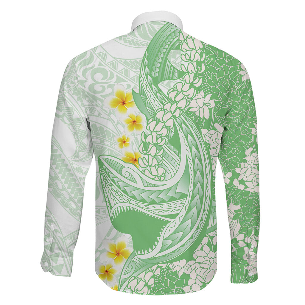 Green Hawaii Shark Tattoo Family Matching Off The Shoulder Long Sleeve Dress and Hawaiian Shirt Puakenikeni Lei Plumeria Polynesian Pattern LT14 - Polynesian Pride