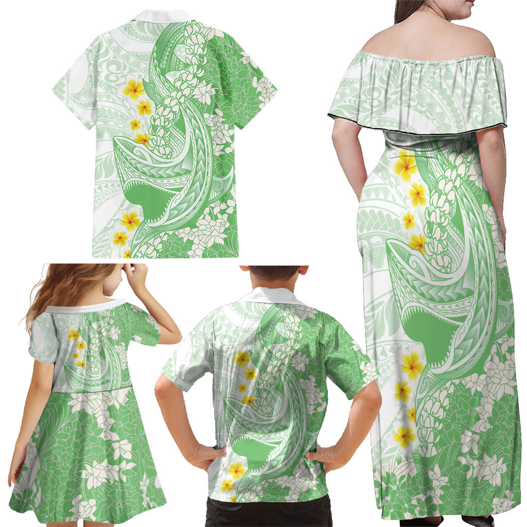 Green Hawaii Shark Tattoo Family Matching Off Shoulder Maxi Dress and Hawaiian Shirt Puakenikeni Lei Plumeria Polynesian Pattern LT14 - Polynesian Pride