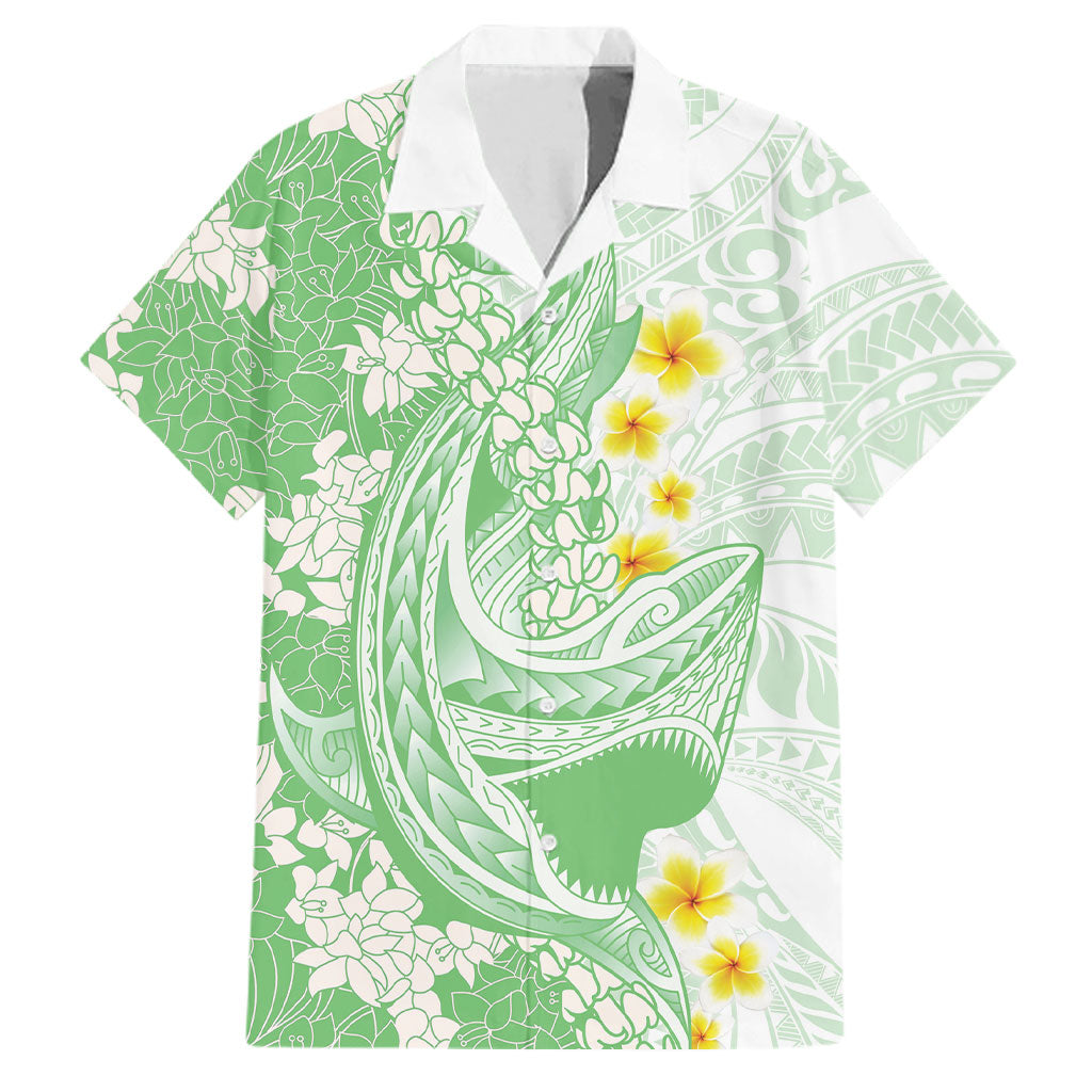 Green Hawaii Shark Tattoo Family Matching Off Shoulder Maxi Dress and Hawaiian Shirt Puakenikeni Lei Plumeria Polynesian Pattern LT14 Dad's Shirt - Short Sleeve Green - Polynesian Pride