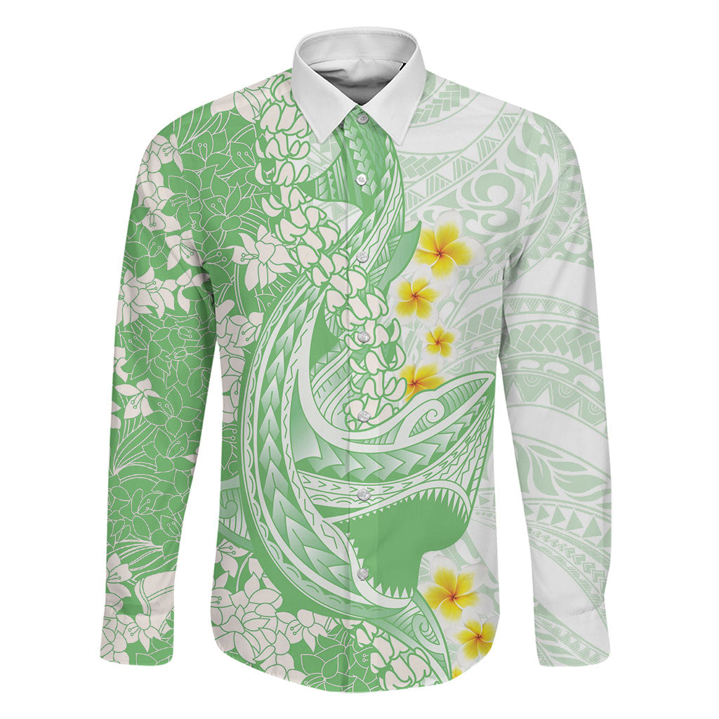Green Hawaii Shark Tattoo Family Matching Off Shoulder Maxi Dress and Hawaiian Shirt Puakenikeni Lei Plumeria Polynesian Pattern LT14 Dad's Shirt - Long Sleeve Green - Polynesian Pride