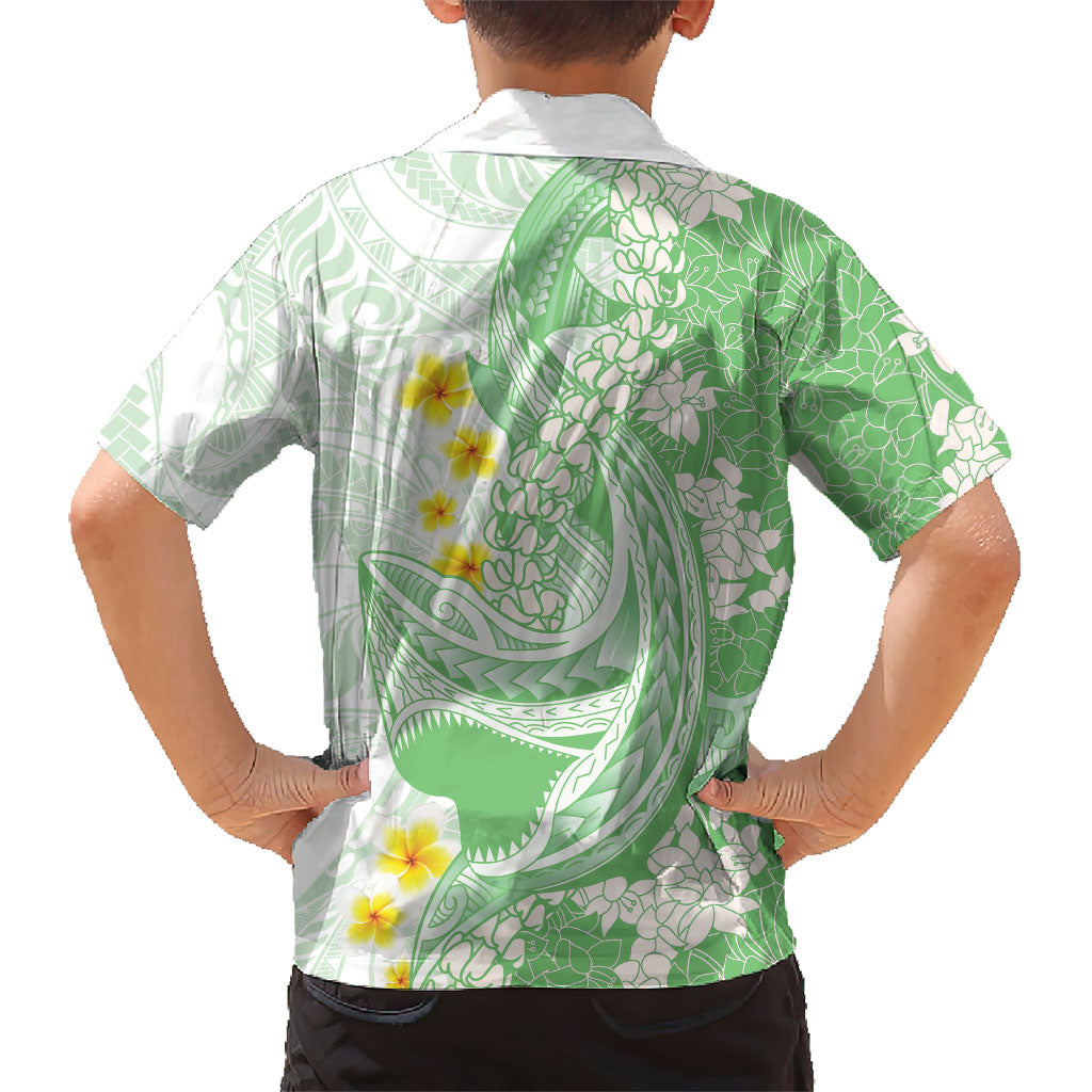 Green Hawaii Shark Tattoo Family Matching Off Shoulder Short Dress and Hawaiian Shirt Puakenikeni Lei Plumeria Polynesian Pattern LT14 - Polynesian Pride