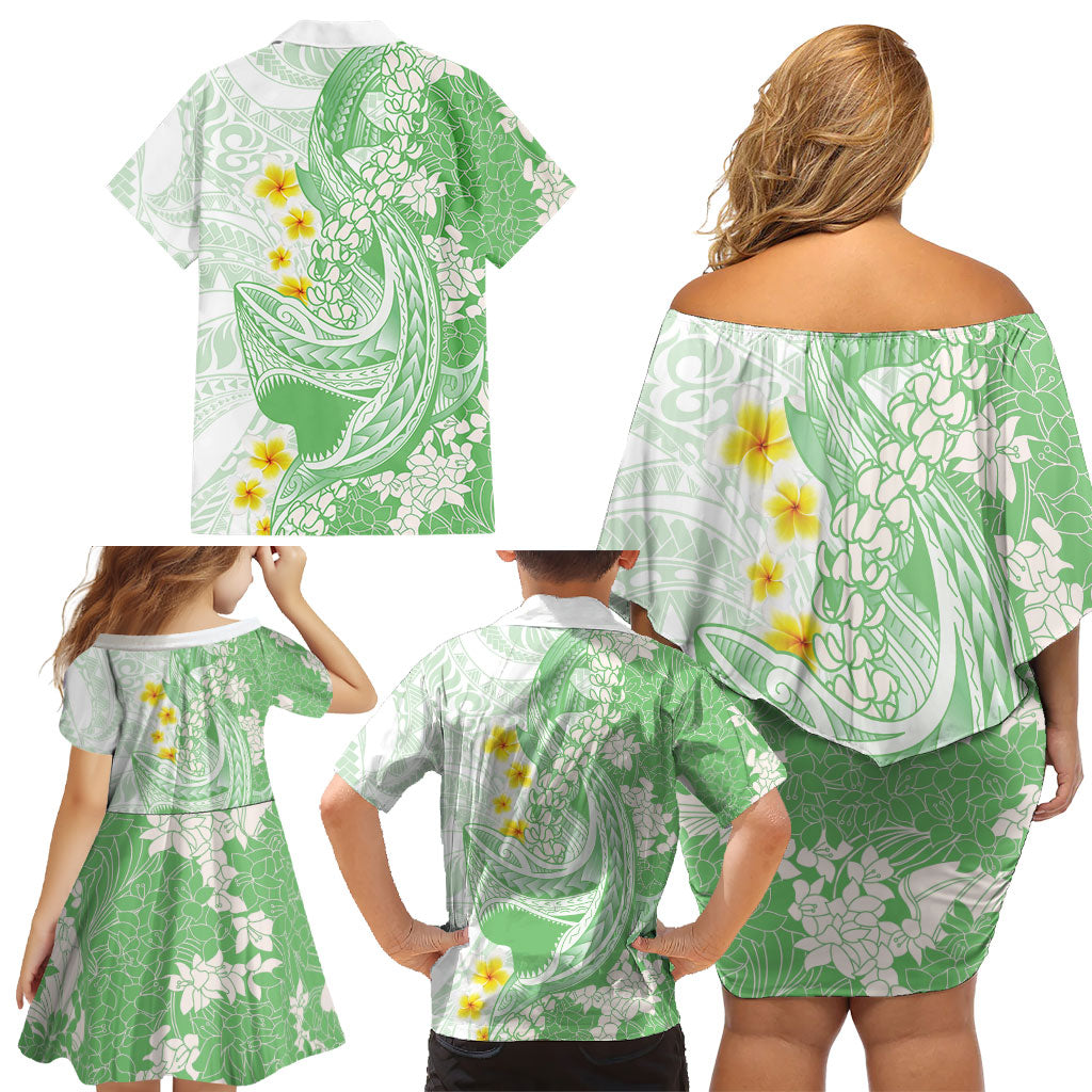 Green Hawaii Shark Tattoo Family Matching Off Shoulder Short Dress and Hawaiian Shirt Puakenikeni Lei Plumeria Polynesian Pattern LT14 - Polynesian Pride