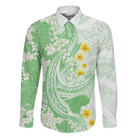 Green Hawaii Shark Tattoo Family Matching Off Shoulder Short Dress and Hawaiian Shirt Puakenikeni Lei Plumeria Polynesian Pattern LT14 Dad's Shirt - Long Sleeve Green - Polynesian Pride