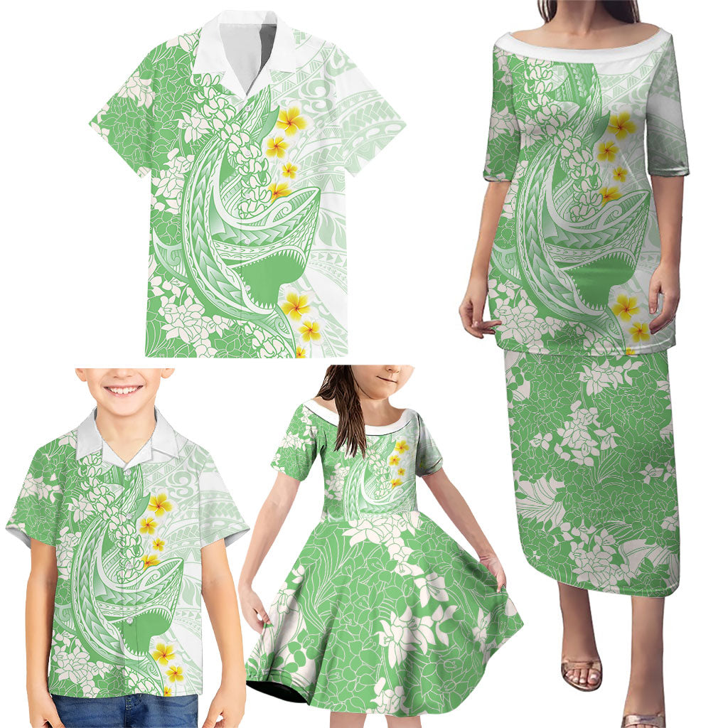 Green Hawaii Shark Tattoo Family Matching Puletasi and Hawaiian Shirt Puakenikeni Lei Plumeria Polynesian Pattern LT14 - Polynesian Pride