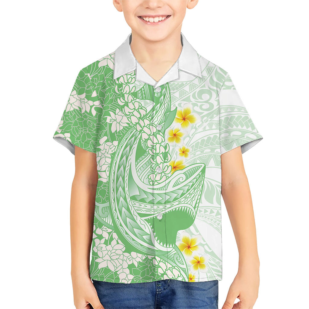 Green Hawaii Shark Tattoo Family Matching Tank Maxi Dress and Hawaiian Shirt Puakenikeni Lei Plumeria Polynesian Pattern LT14 Son's Shirt Green - Polynesian Pride