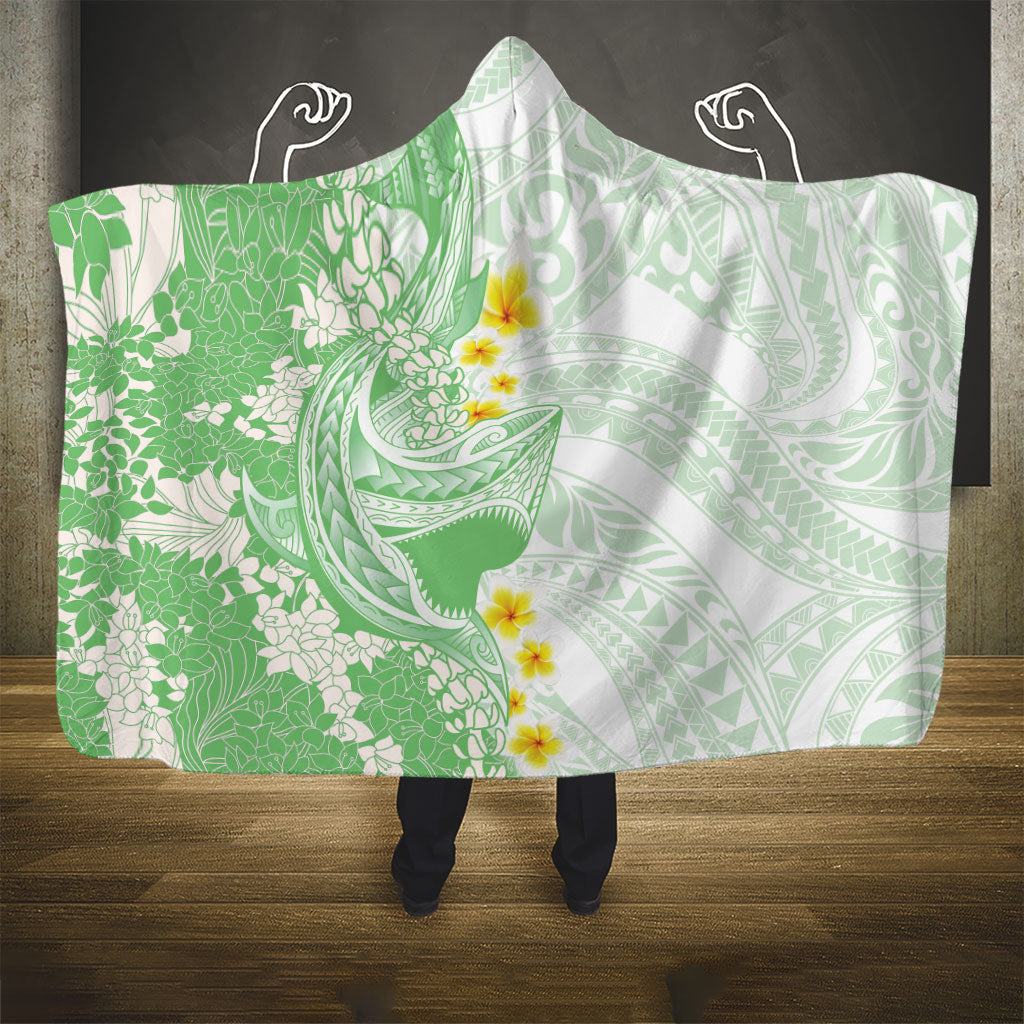Green Hawaii Shark Tattoo Hooded Blanket Puakenikeni Lei Plumeria Polynesian Pattern