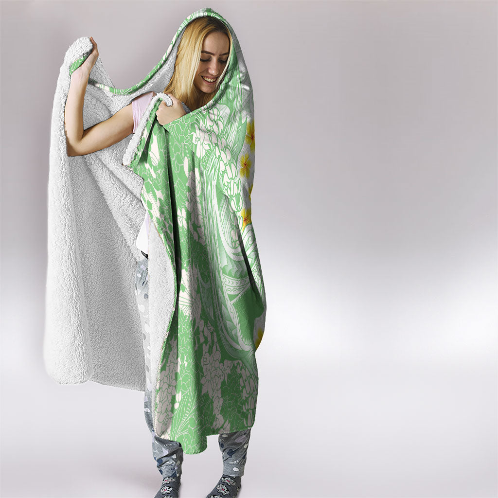 Green Hawaii Shark Tattoo Hooded Blanket Puakenikeni Lei Plumeria Polynesian Pattern
