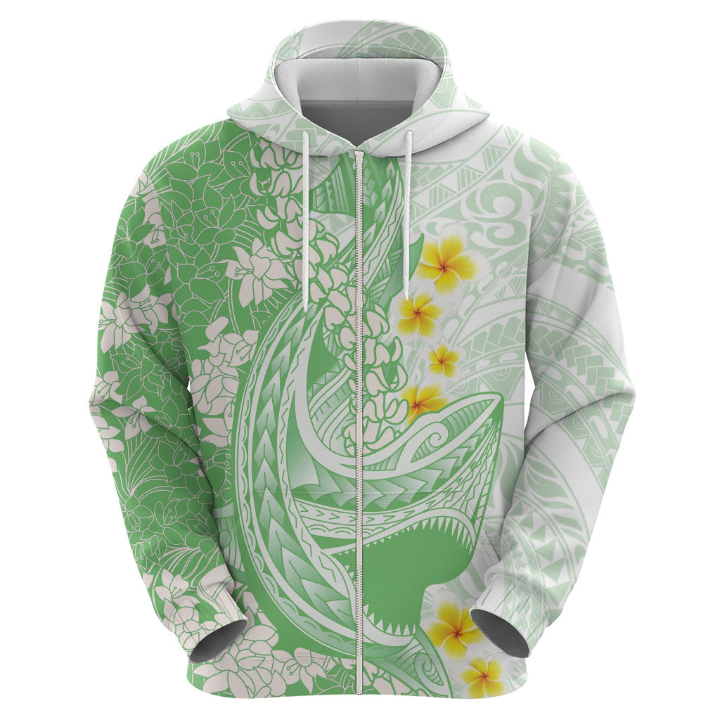 Green Hawaii Shark Tattoo Hoodie Puakenikeni Lei Plumeria Polynesian Pattern