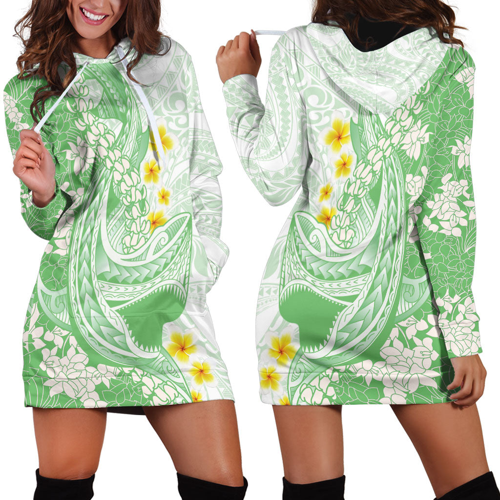 Green Hawaii Shark Tattoo Hoodie Dress Puakenikeni Lei Plumeria Polynesian Pattern LT14 - Polynesian Pride
