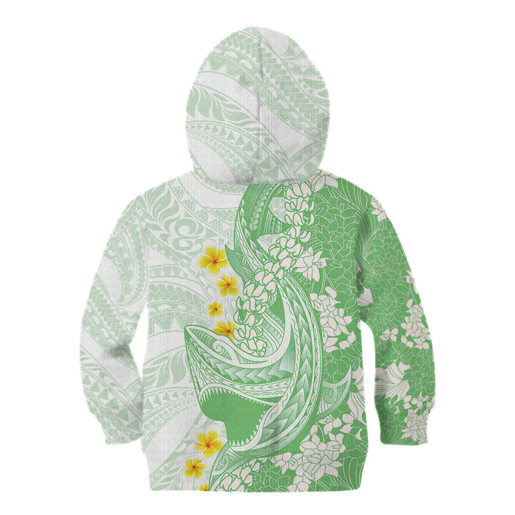 Green Hawaii Shark Tattoo Kid Hoodie Puakenikeni Lei Plumeria Polynesian Pattern