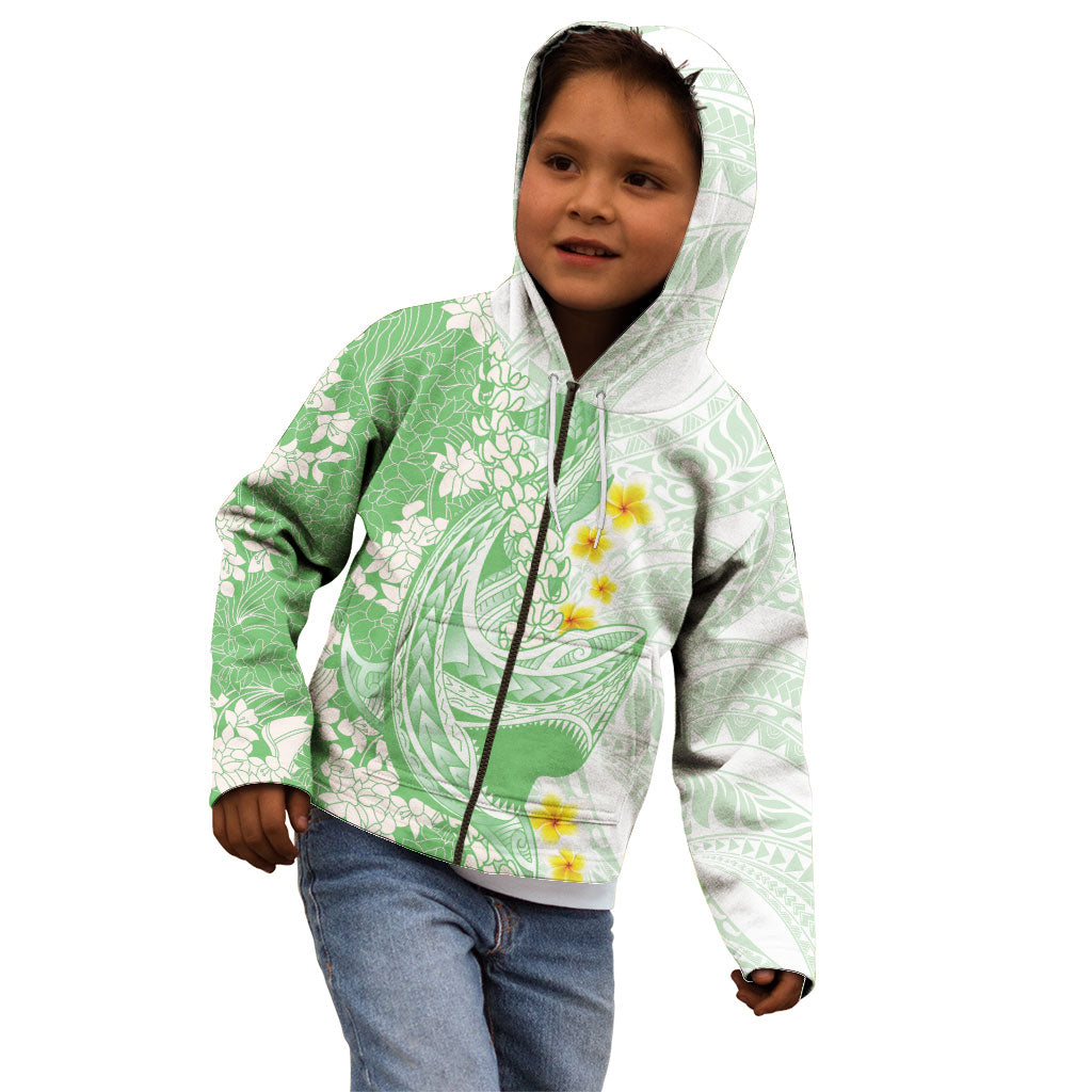 Green Hawaii Shark Tattoo Kid Hoodie Puakenikeni Lei Plumeria Polynesian Pattern