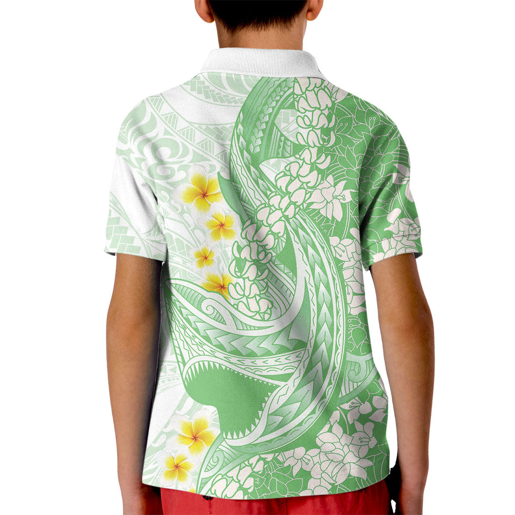 Green Hawaii Shark Tattoo Kid Polo Shirt Puakenikeni Lei Plumeria Polynesian Pattern