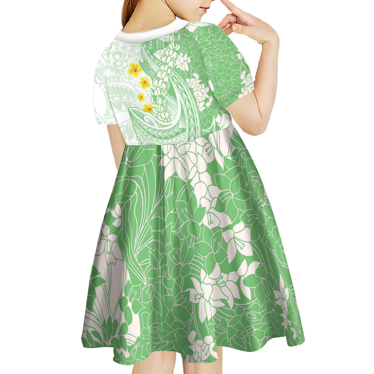 Green Hawaii Shark Tattoo Kid Short Sleeve Dress Puakenikeni Lei Plumeria Polynesian Pattern LT14 - Polynesian Pride