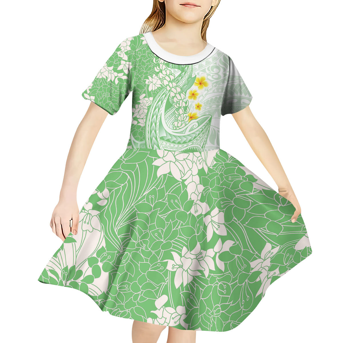 Green Hawaii Shark Tattoo Kid Short Sleeve Dress Puakenikeni Lei Plumeria Polynesian Pattern LT14 - Polynesian Pride