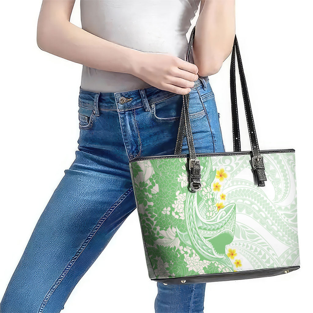 Green Hawaii Shark Tattoo Leather Tote Bag Puakenikeni Lei Plumeria Polynesian Pattern