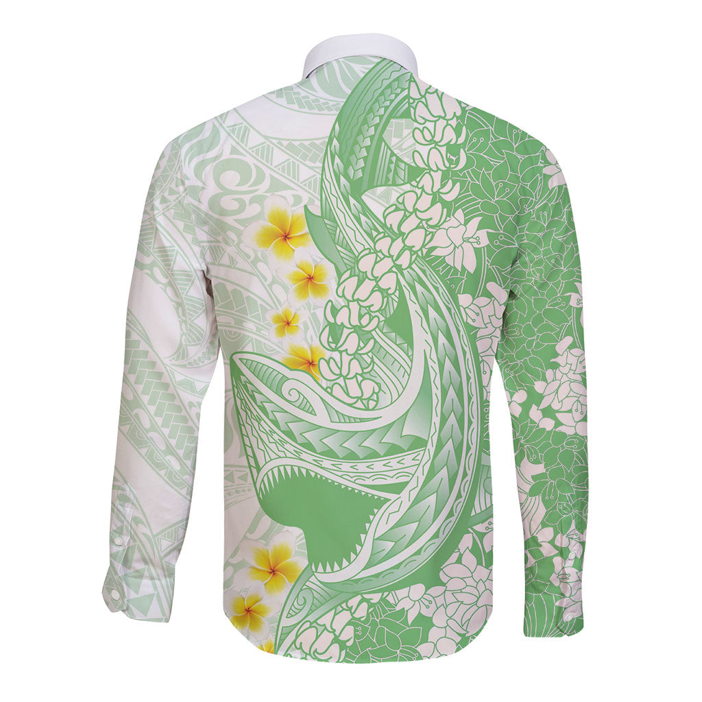 Green Hawaii Shark Tattoo Long Sleeve Button Shirt Puakenikeni Lei Plumeria Polynesian Pattern