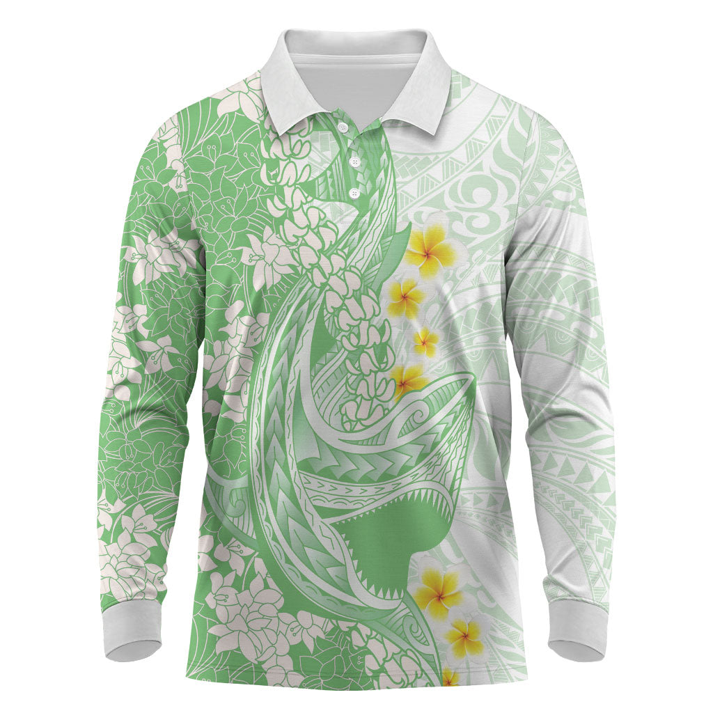 Green Hawaii Shark Tattoo Long Sleeve Polo Shirt Puakenikeni Lei Plumeria Polynesian Pattern LT14 Green - Polynesian Pride