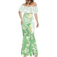 Green Hawaii Shark Tattoo Mermaid Dress Puakenikeni Lei Plumeria Polynesian Pattern