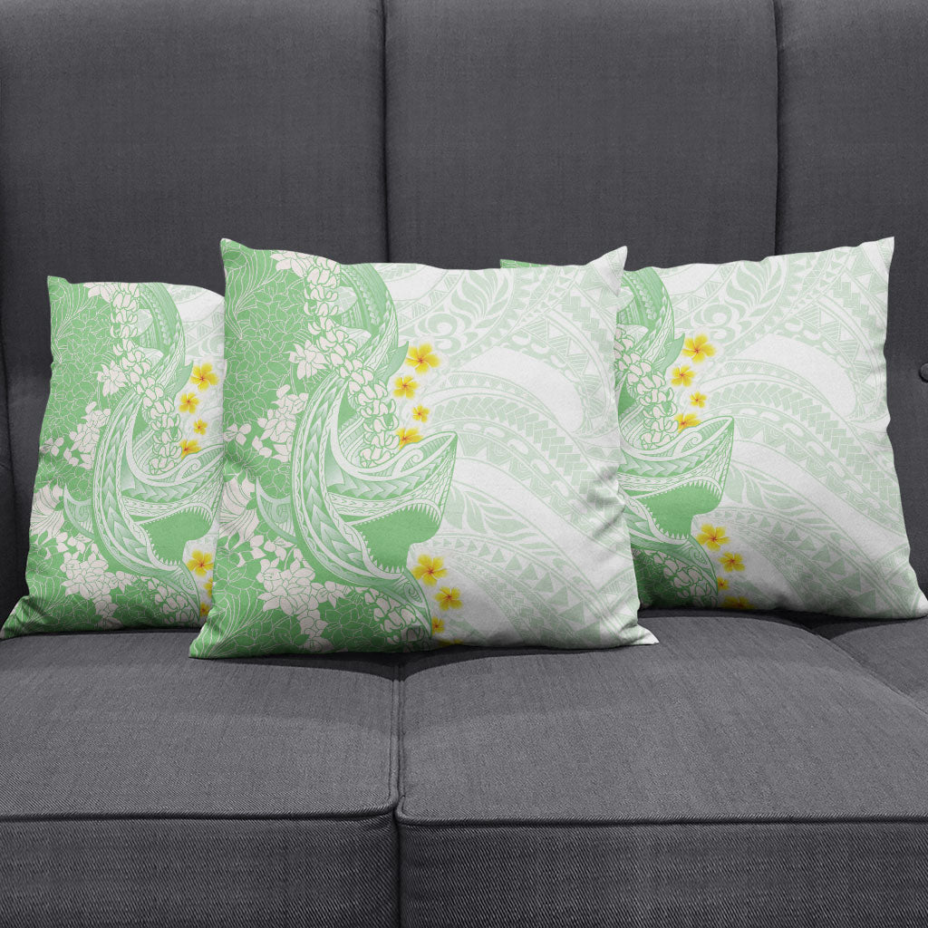 Green Hawaii Shark Tattoo Pillow Cover Puakenikeni Lei Plumeria Polynesian Pattern