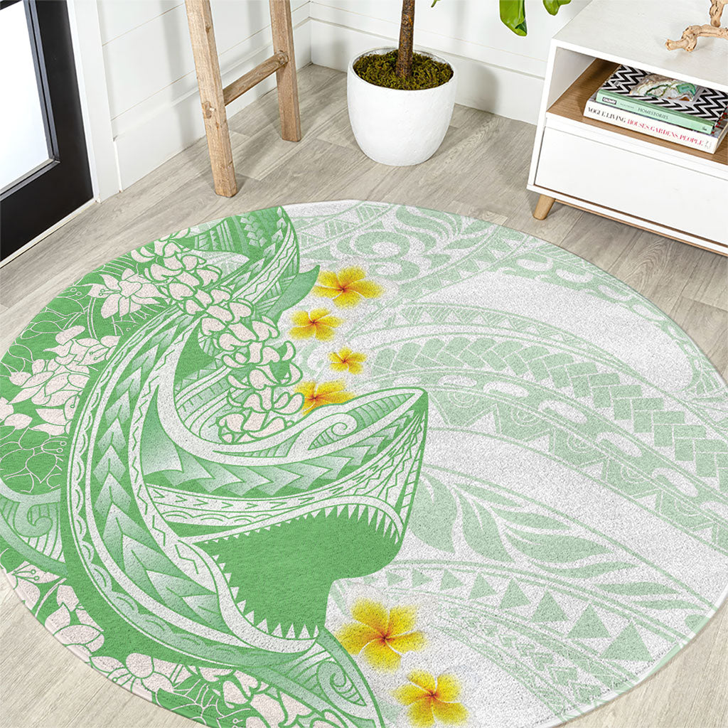 Green Hawaii Shark Tattoo Round Carpet Puakenikeni Lei Plumeria Polynesian Pattern