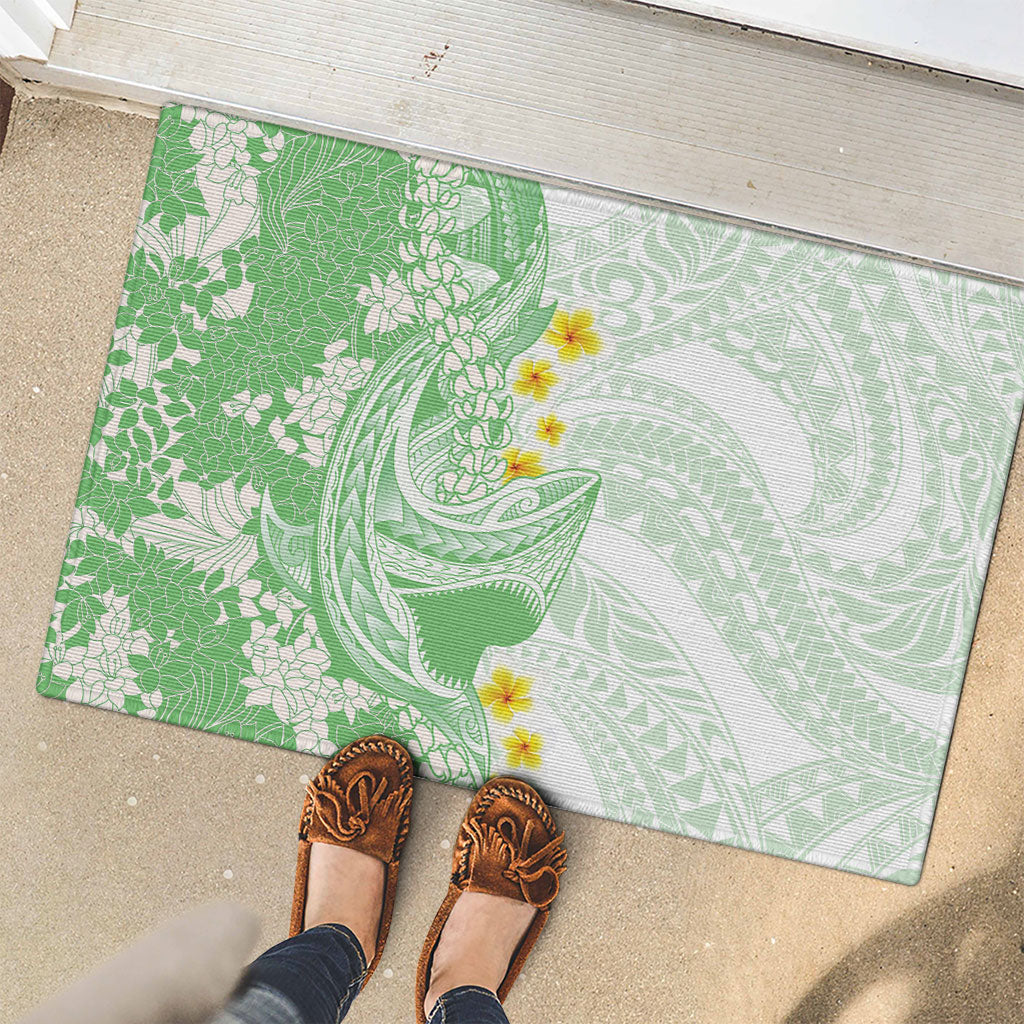 Green Hawaii Shark Tattoo Rubber Doormat Puakenikeni Lei Plumeria Polynesian Pattern