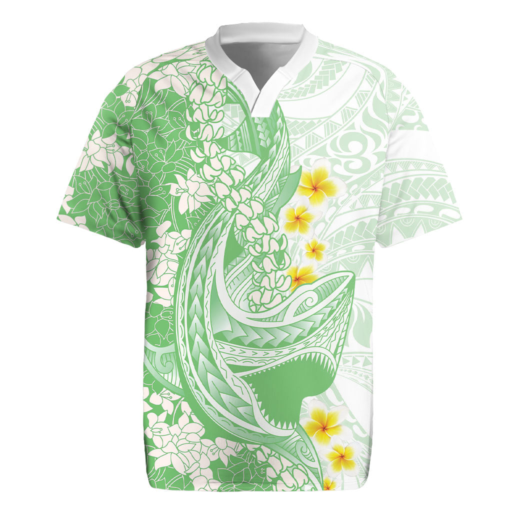 Green Hawaii Shark Tattoo Rugby Jersey Puakenikeni Lei Plumeria Polynesian Pattern LT14 Green - Polynesian Pride