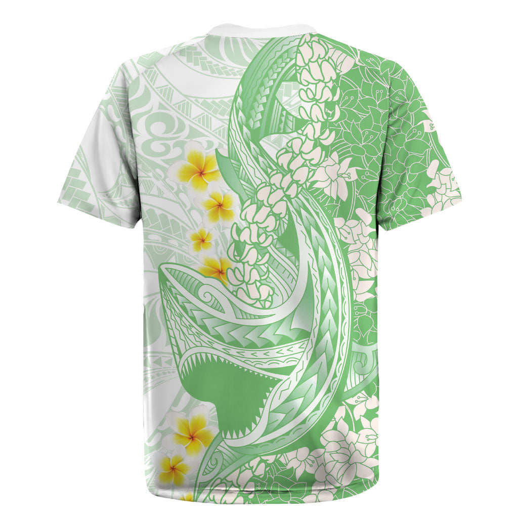 Green Hawaii Shark Tattoo Rugby Jersey Puakenikeni Lei Plumeria Polynesian Pattern LT14 - Polynesian Pride