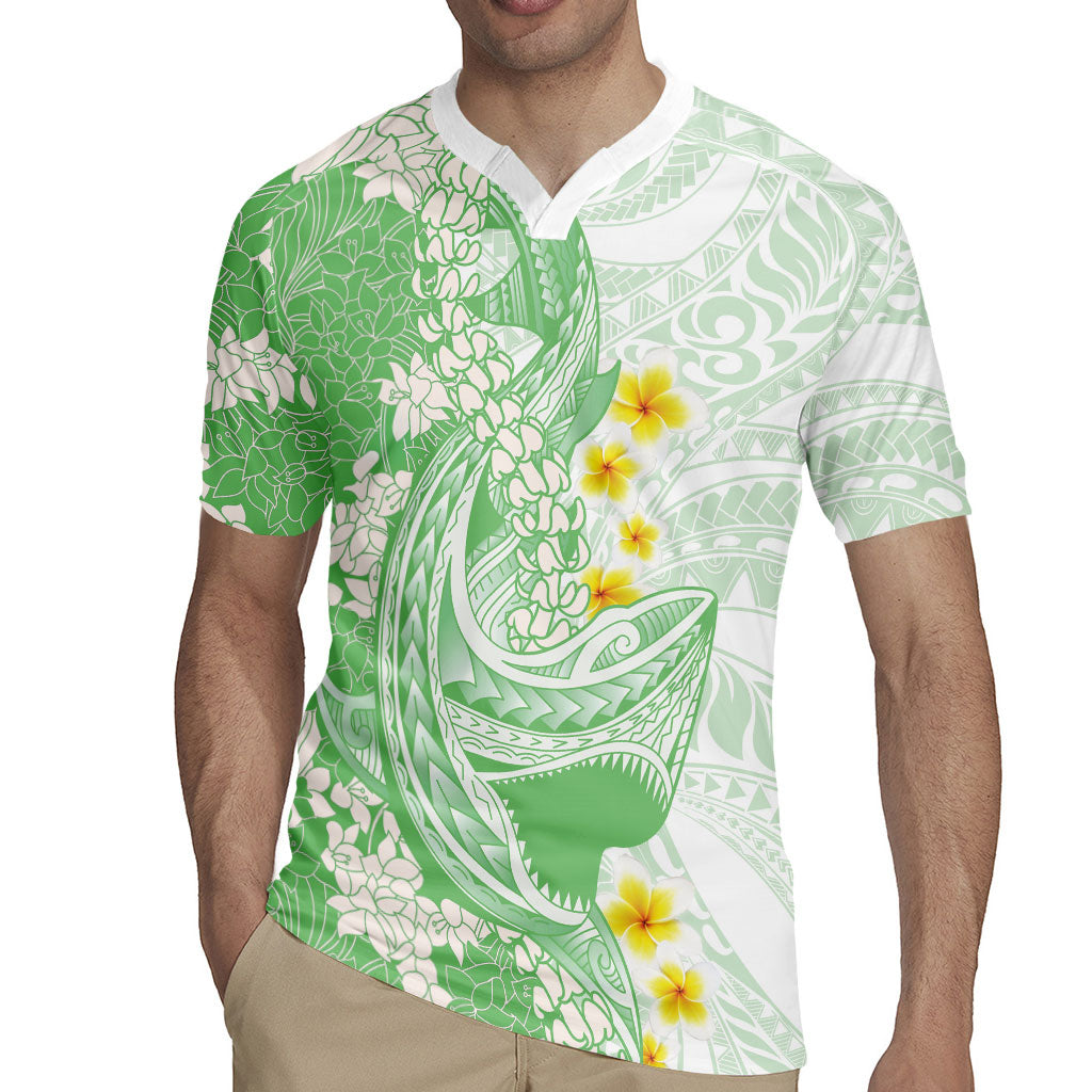 Green Hawaii Shark Tattoo Rugby Jersey Puakenikeni Lei Plumeria Polynesian Pattern LT14 - Polynesian Pride