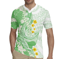 Green Hawaii Shark Tattoo Rugby Jersey Puakenikeni Lei Plumeria Polynesian Pattern LT14 - Polynesian Pride