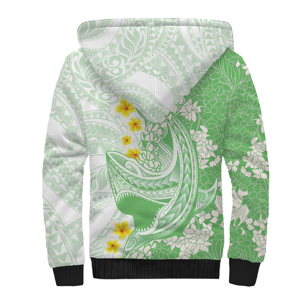 Green Hawaii Shark Tattoo Sherpa Hoodie Puakenikeni Lei Plumeria Polynesian Pattern LT14 - Polynesian Pride