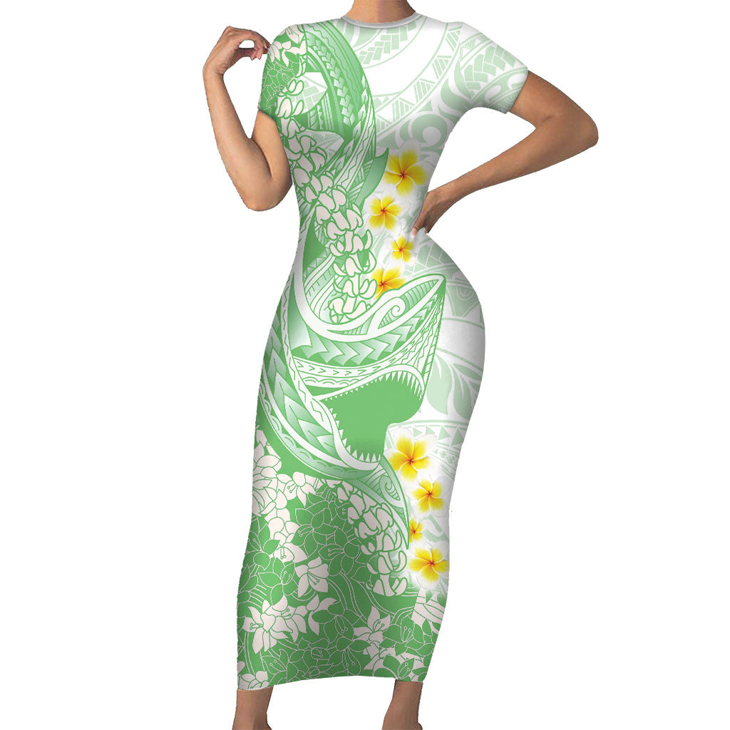 Green Hawaii Shark Tattoo Short Sleeve Bodycon Dress Puakenikeni Lei Plumeria Polynesian Pattern LT14 Long Dress Green - Polynesian Pride