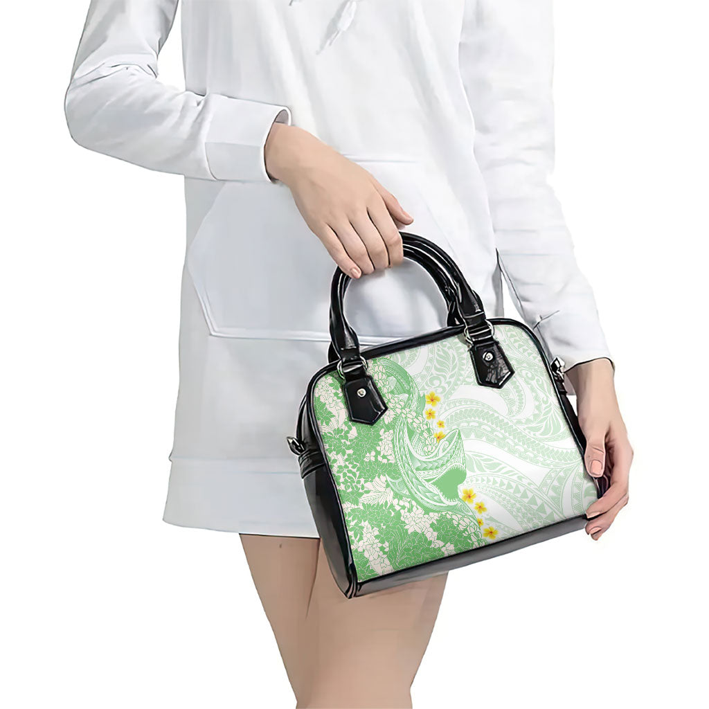 Green Hawaii Shark Tattoo Shoulder Handbag Puakenikeni Lei Plumeria Polynesian Pattern