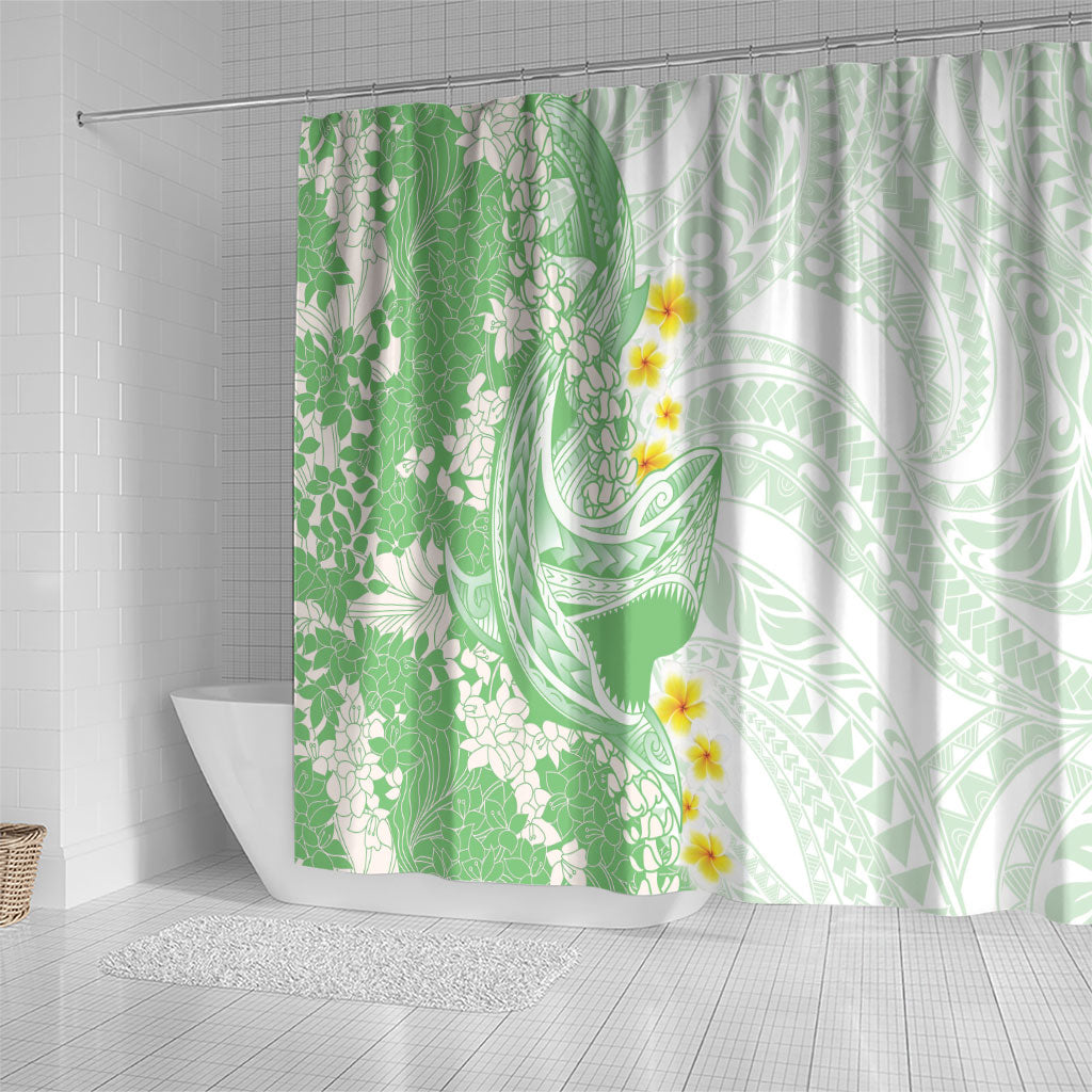 Green Hawaii Shark Tattoo Shower Curtain Puakenikeni Lei Plumeria Polynesian Pattern