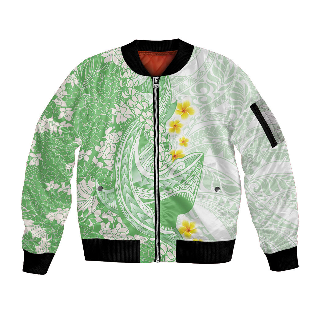 Green Hawaii Shark Tattoo Sleeve Zip Bomber Jacket Puakenikeni Lei Plumeria Polynesian Pattern LT14 Unisex Green - Polynesian Pride