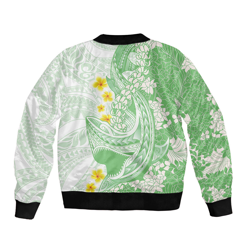 Green Hawaii Shark Tattoo Sleeve Zip Bomber Jacket Puakenikeni Lei Plumeria Polynesian Pattern LT14 - Polynesian Pride