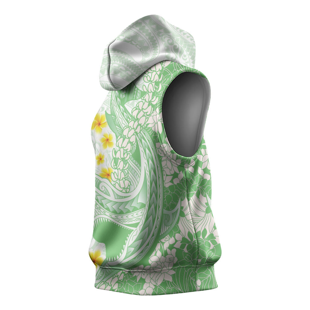 Green Hawaii Shark Tattoo Sleeveless Hoodie Puakenikeni Lei Plumeria Polynesian Pattern