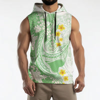Green Hawaii Shark Tattoo Sleeveless Hoodie Puakenikeni Lei Plumeria Polynesian Pattern