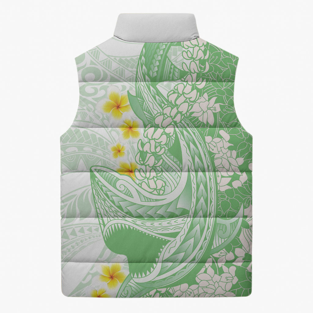 Green Hawaii Shark Tattoo Sleeveless Puffer Jacket Puakenikeni Lei Plumeria Polynesian Pattern LT14 - Polynesian Pride