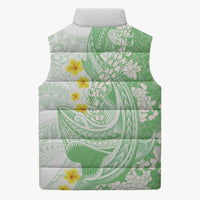 Green Hawaii Shark Tattoo Sleeveless Puffer Jacket Puakenikeni Lei Plumeria Polynesian Pattern LT14 - Polynesian Pride