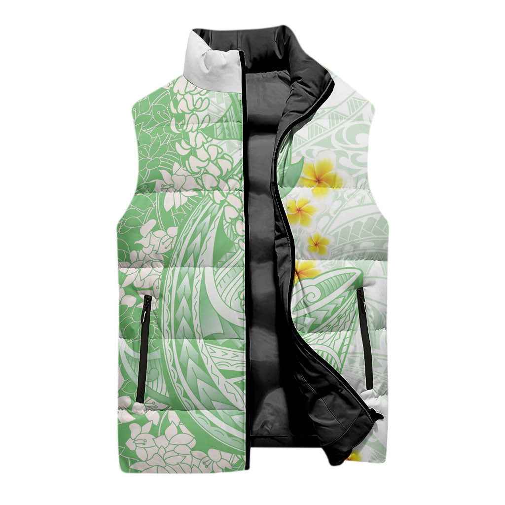 Green Hawaii Shark Tattoo Sleeveless Puffer Jacket Puakenikeni Lei Plumeria Polynesian Pattern LT14 - Polynesian Pride