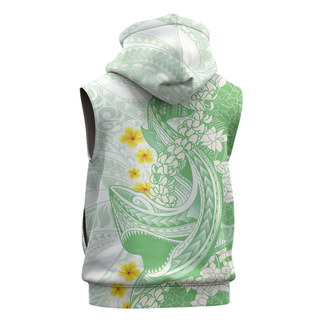 Green Hawaii Shark Tattoo Sleeveless Zip Hoodie Puakenikeni Lei Plumeria Polynesian Pattern LT14 - Polynesian Pride