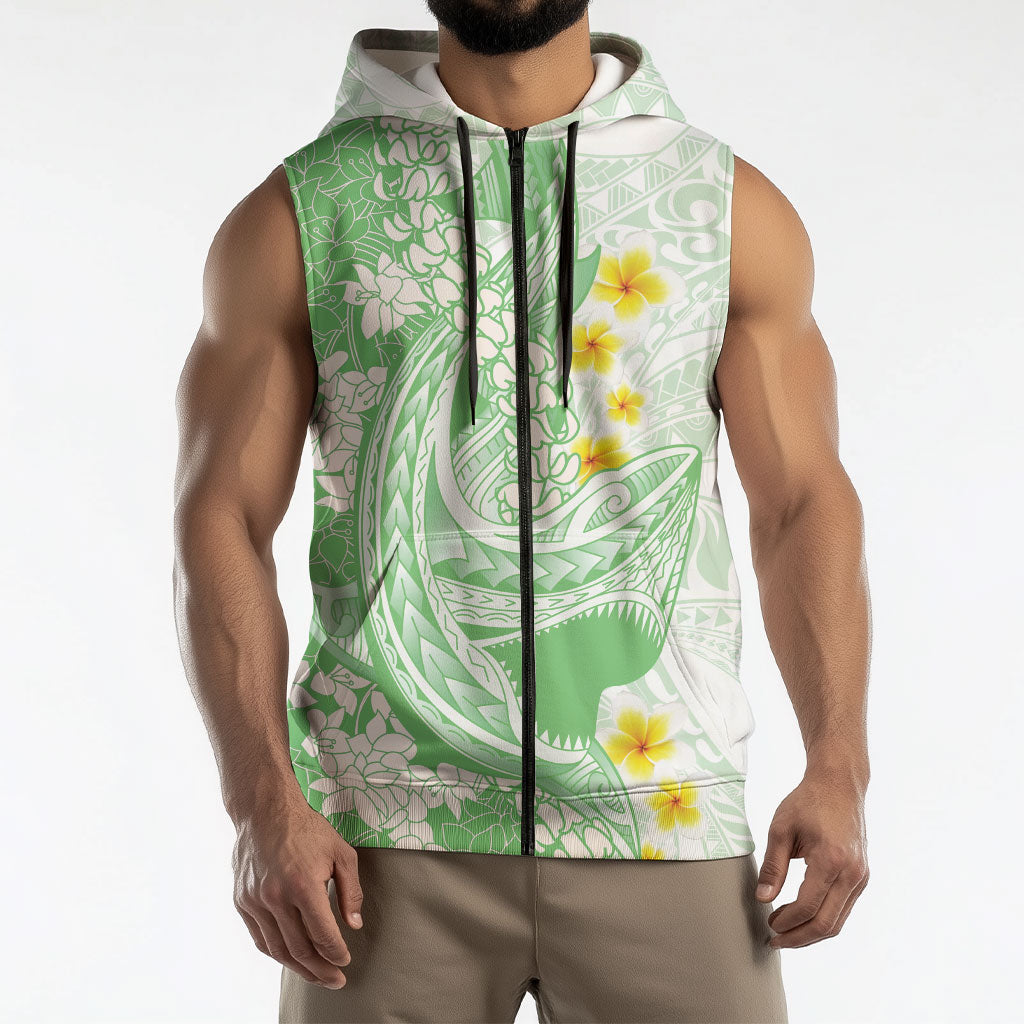 Green Hawaii Shark Tattoo Sleeveless Zip Hoodie Puakenikeni Lei Plumeria Polynesian Pattern LT14 - Polynesian Pride